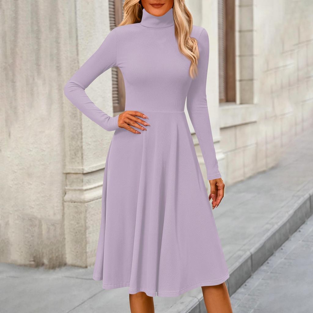 Women's Casual Fashion High Neck Long Sleeve Color Midi Dress