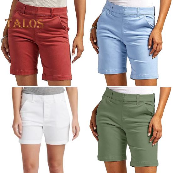 Shorts femininos de verão, slim fit, reto, comprimento até o joelho, esportivo, cor sólida, bolsos, cintura alta, casual, uso diário, shorts
