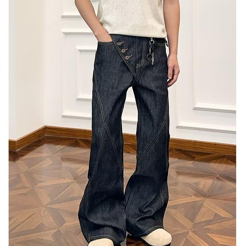Mens Vintage Washed Denim Jeans Straight Cut Loose Fit Wide Leg Trousers Casual Wear