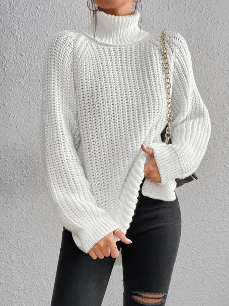 Autumn Winter Knitwear Mid Length Raglan Sleeve High Collar Split Hem Sweater Dress Luxurious Relaxed-fit Slimming and Versatile Top