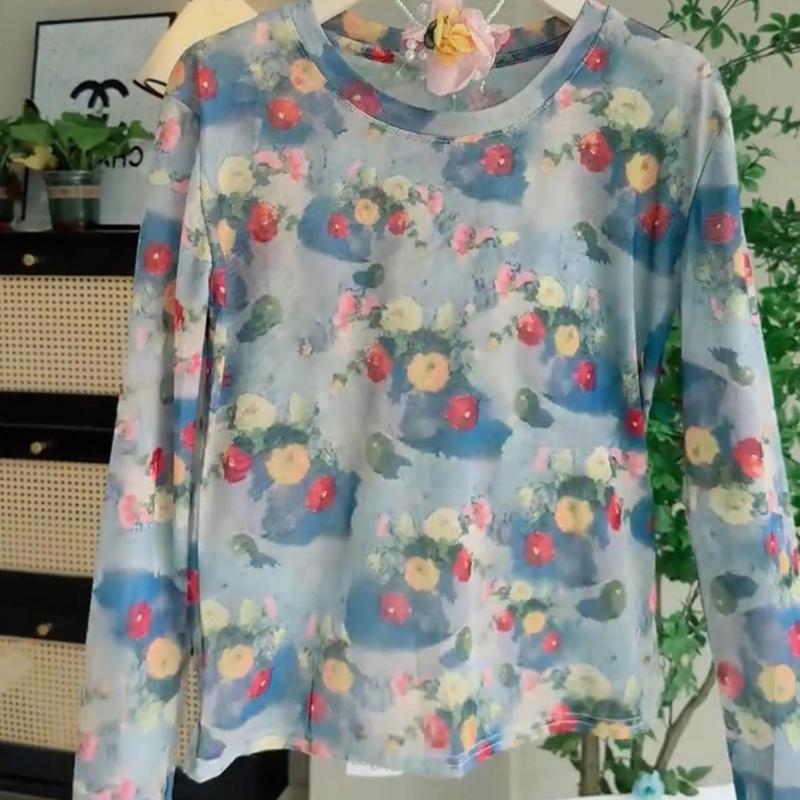 Plus Size Transparent Mesh Sun Protection T-shirt Women's Summer Loose Slimming Outerwear Long-sleeve Printed Cover-up Top