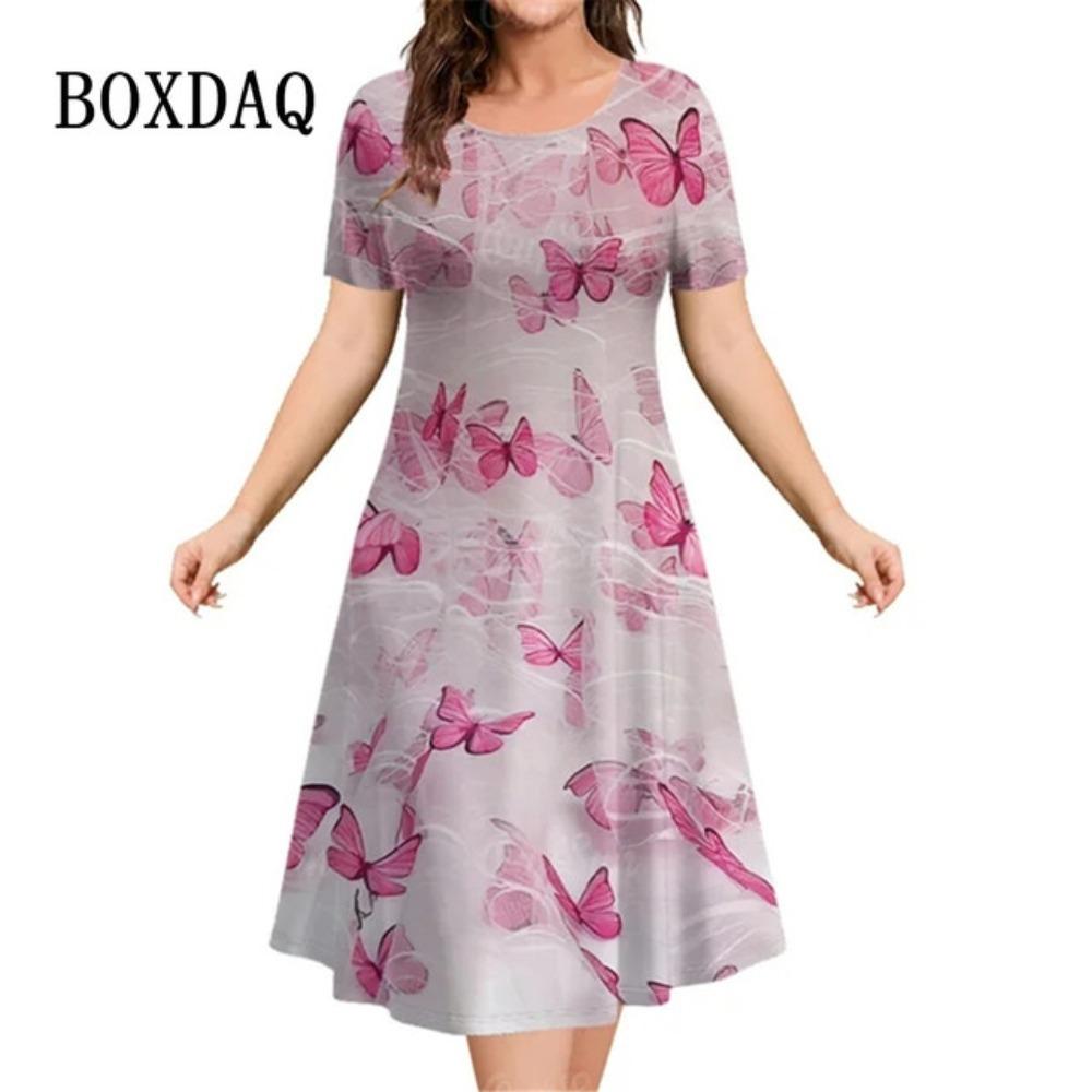 2026 New Summer Fashion Women's 3d Floral Print Short-sleeved Loose Dress A-line Elegant Casual Ladies Dress