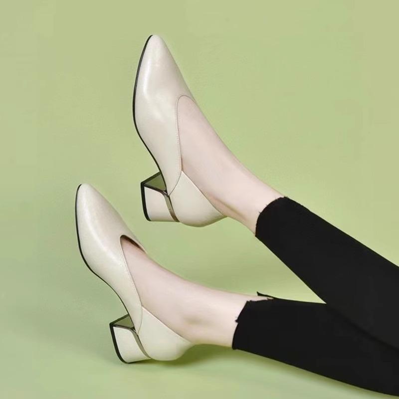 2025 new spring and summer women's shoes pointed thick heel soft leather single shoes brown ladyshoes grandma shoes medium heel Korean version shoes