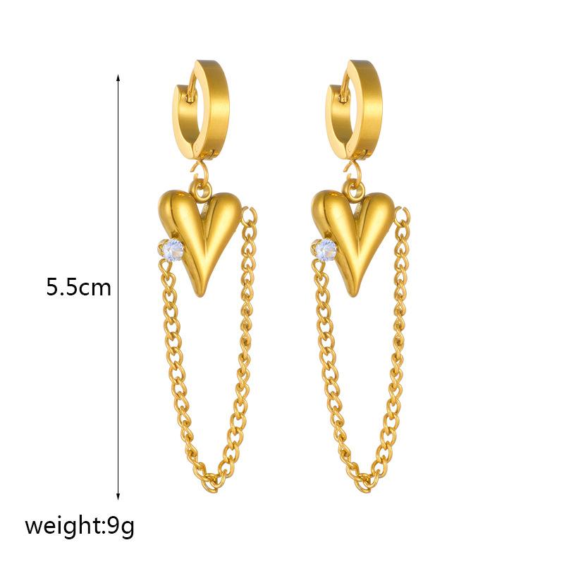 Gold Plated 3D Heart Chain Tassel Drop Earrings with Cubic Zirconia for Women Stainless Steel