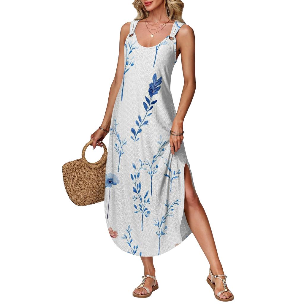 Women's Summer Long Dress, Sleeveless With Side Slits, Long Floral Printed Camisole Dress