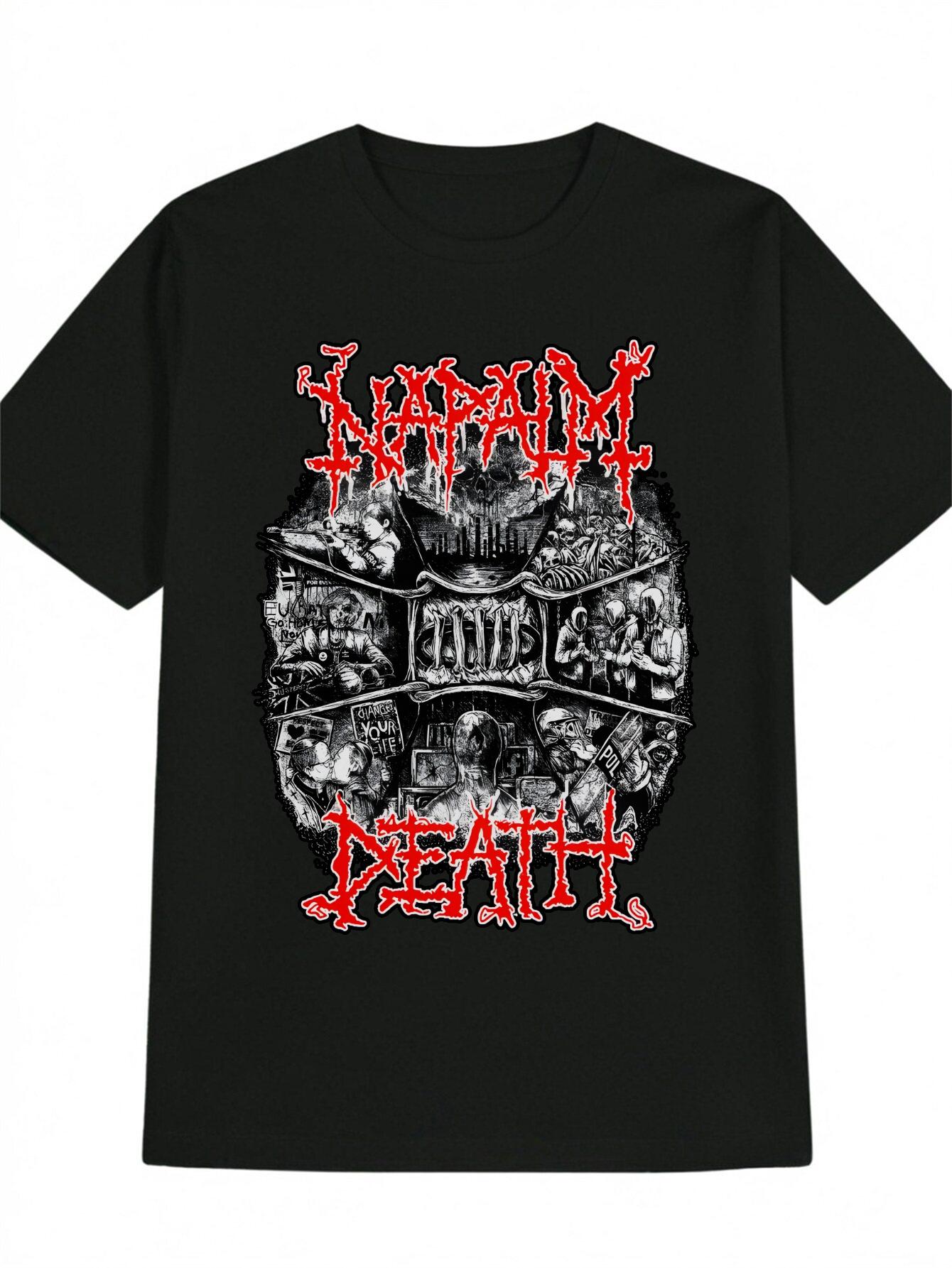 

Casual Crew Neck T-shirt with Skull and Napalm Design - Black Graphic Tee for Summer XXXL