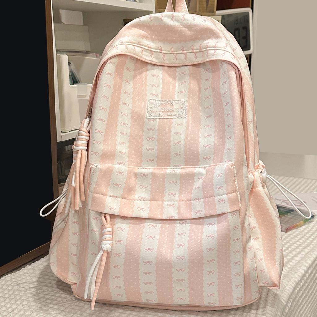 Nylon Bow Printed Lightweight Travel Bag Large Capacity Aesthetic Daypack Bow Rucksack Multi-pocket for Teens Girls Students