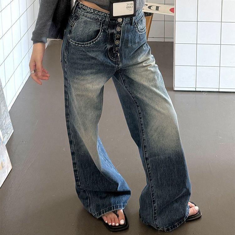 

BeatStreet Washed Single Breasted Jeans For Women American Fashion Retro Embroidered Denim Pants Casual High Street Female Trousers 3XL синій