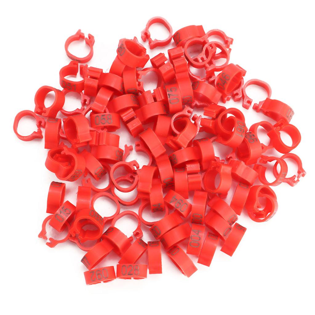 100 STK/pose 8MM 001-100 Nummererte Plast Brevdue Bird Ben Band Ringer(rød)