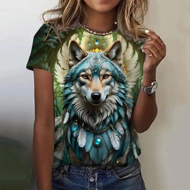 3D printed animal T-shirt women's fun wolf pattern T-shirt summer new Harajuku T-shirt top loose short sleeved clothes