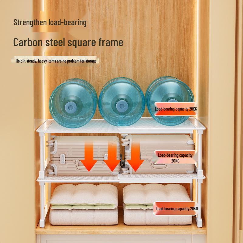Punch-Free Retractable Kitchen Cabinet Organizer: Iron Art Grid Shelf & Stackable Wardrobe Partition.
