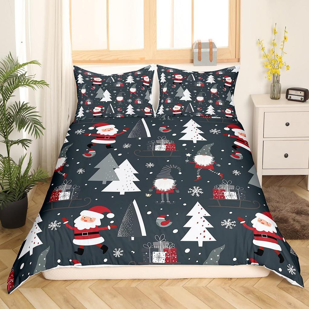 Red Three-Piece Quilt Cover Digital Printing Bedding Set Christmas Elk Snowflake Bed Cover