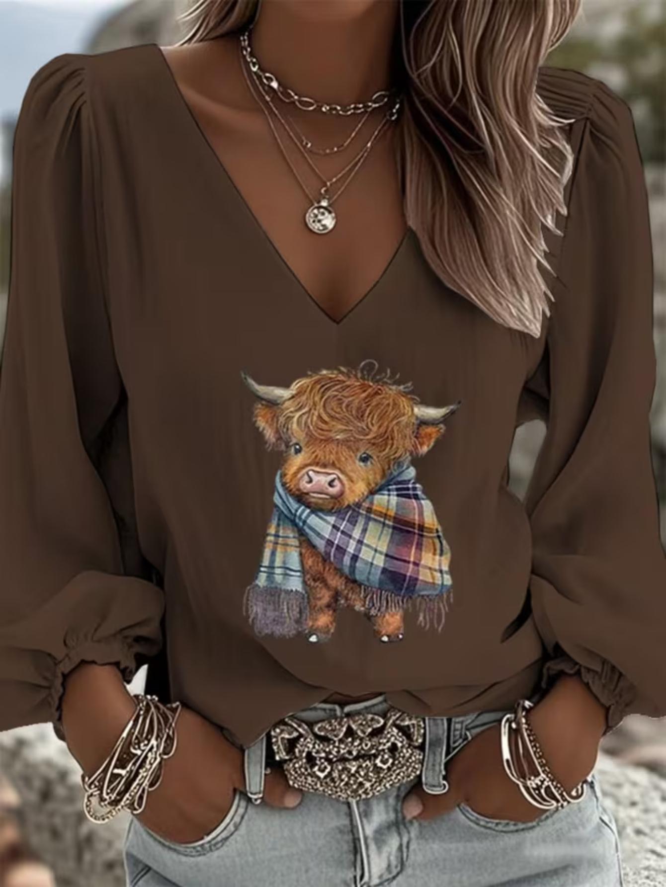 

Women s V-neck cow-print blouse, retro western-style lantern sleeve long-sleeved top, suitable for spring and summer casual and vacation wear XXL