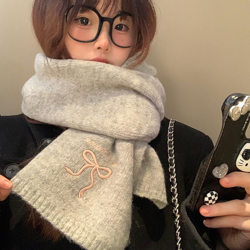 2025 Winter  College Style Imitation Cashmere Scarf Solid Color  Embroidered Bow Couple Scarf