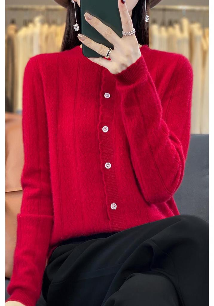 Women's Loose Knit Pure Wool Cardigan - Wheat Ear Design for Autumn Winter