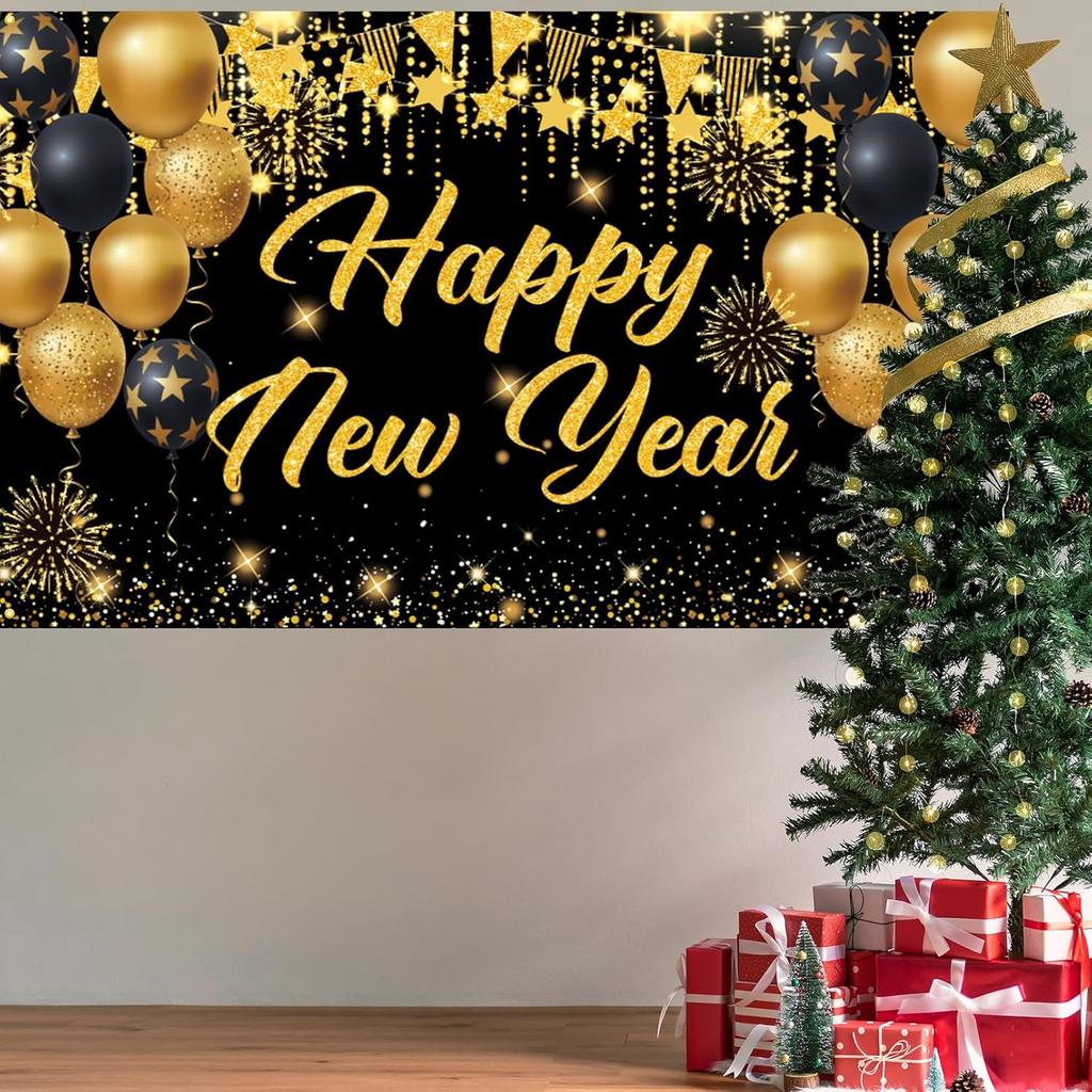 Black Gold Happy New Year 2026 Banner, Large New Years Eve Banner, NYE Birthday Party Decorations Background for Friend, Family, Indoor, Outdoor,