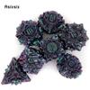 7-teiliges Würfelset aus Metall mit violetten grünen Lotusblüten, massives Polyeder-Würfelset aus Metall, geeignet für Rollenspiele, RPG-Brettspiele, Kartenspiele