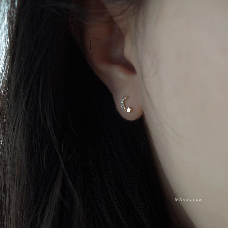 Gold-Plated S925 Sterling Silver Star and Moon Stud Earrings for Women - Micro-Set Mini Design, Cute and Exquisite.