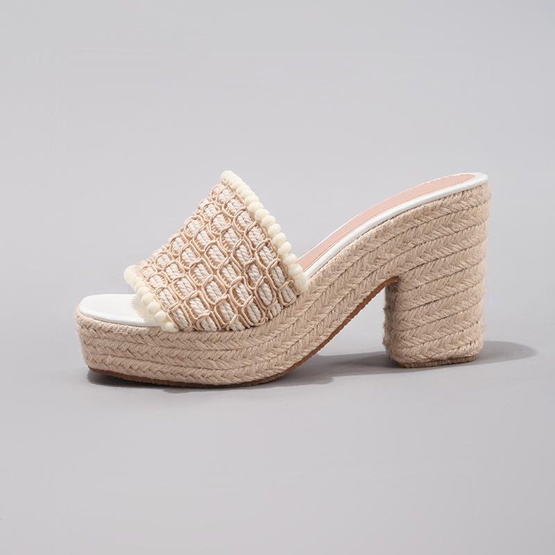 

Women s hemp rope slope heel platform sandals woven straw rope word with summer waterproof table high heels European and American style 43 белый
