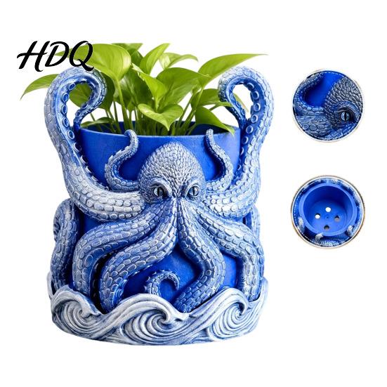 Distinctive Blue Green Planter 3D Printed Octopus Planter with Tray Plant Holder Nautical Coastal Handcrafted Sculpture Indoor Outdoor Holder