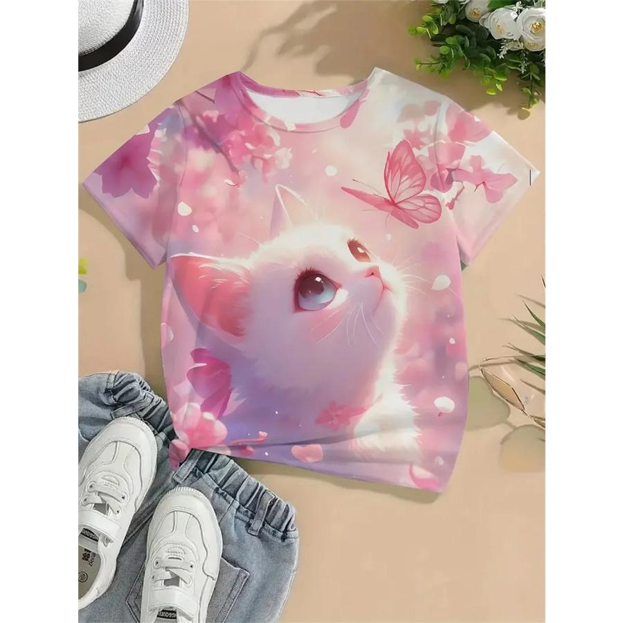 Nová Dívčí trička Funny Animal Cat 3D tisk Dívčí trička Párty móda Topy s krátkým rukávem Tričko 2025 Trička pro volný čas Dívčí oblečení