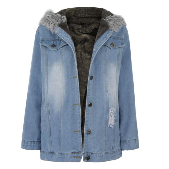 Veste en jean chaude d'hiver pour femmes, veste courte décontractée, veste doublée et rembourrée, col en fausse fourrure, veste en jean
