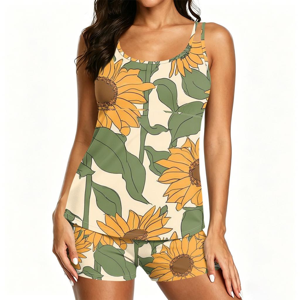 Women’s Sleeveless Tank Top and Shorts Set Sunflower Floral Print Soft Lightweight Loungewear Pajama Set for Summer Comfort