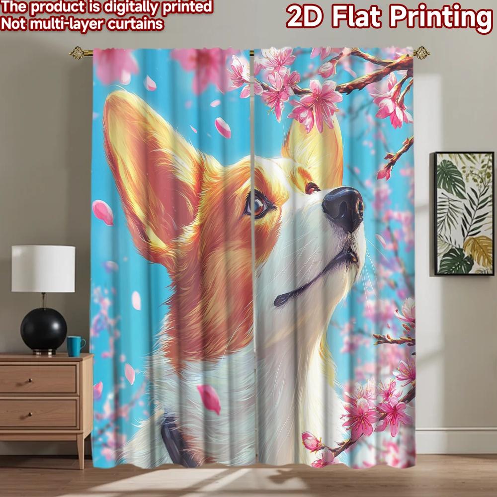 2D flat printing 2pcs Drapes Cute Corgi Cherry Blossom Sky Digital Printed Polyester Drapes Party Decorations Perfect for Photo