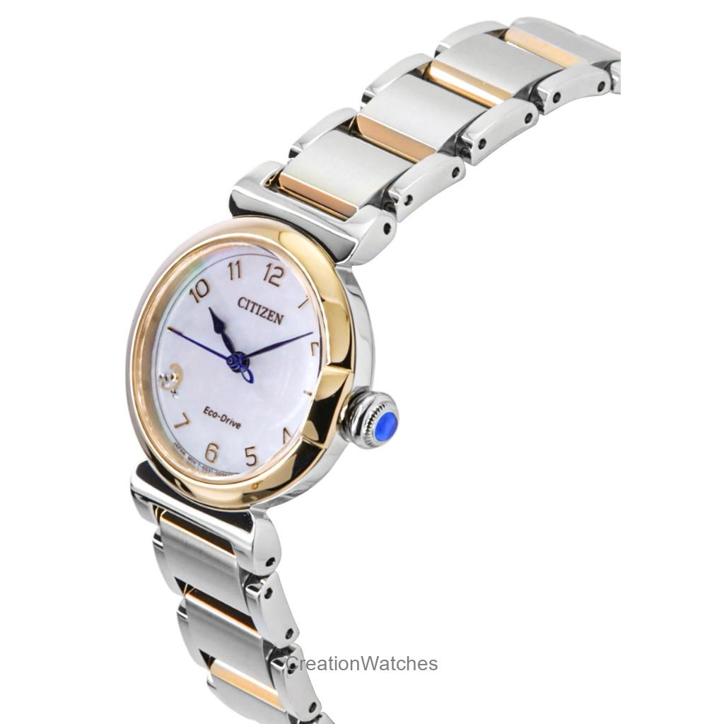 Citizen L May Bells Mini Stainless Steel White Mother Of Pearl Dial Eco-Drive EM1136-87D Women's Watch