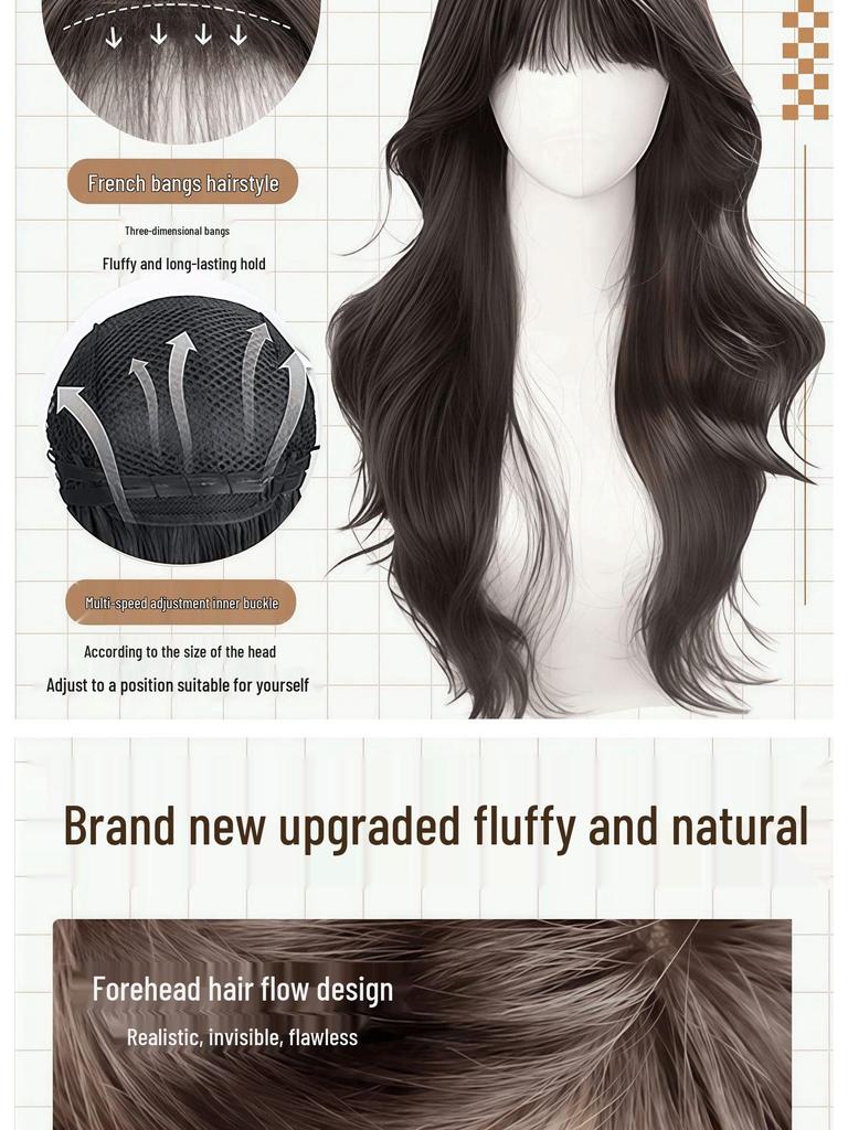 Women's Full Head Wig with Natural Seamless Bangs and Large Waves for Autumn and Winter 