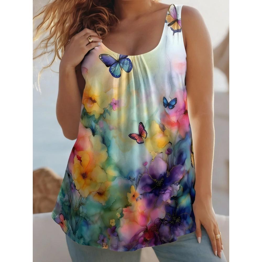 Summer Women's Large Size 3D Printing Flower Vest Loose Fashionable Comfortable Soft Breathable O Neck Sleeveless Vest
