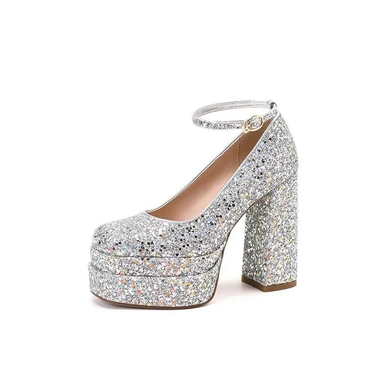 Glitter Sequins Sparkle Golden Silver Closed Toe Women Pumps for Wedding Party Block High Heels Platform Stilettoes