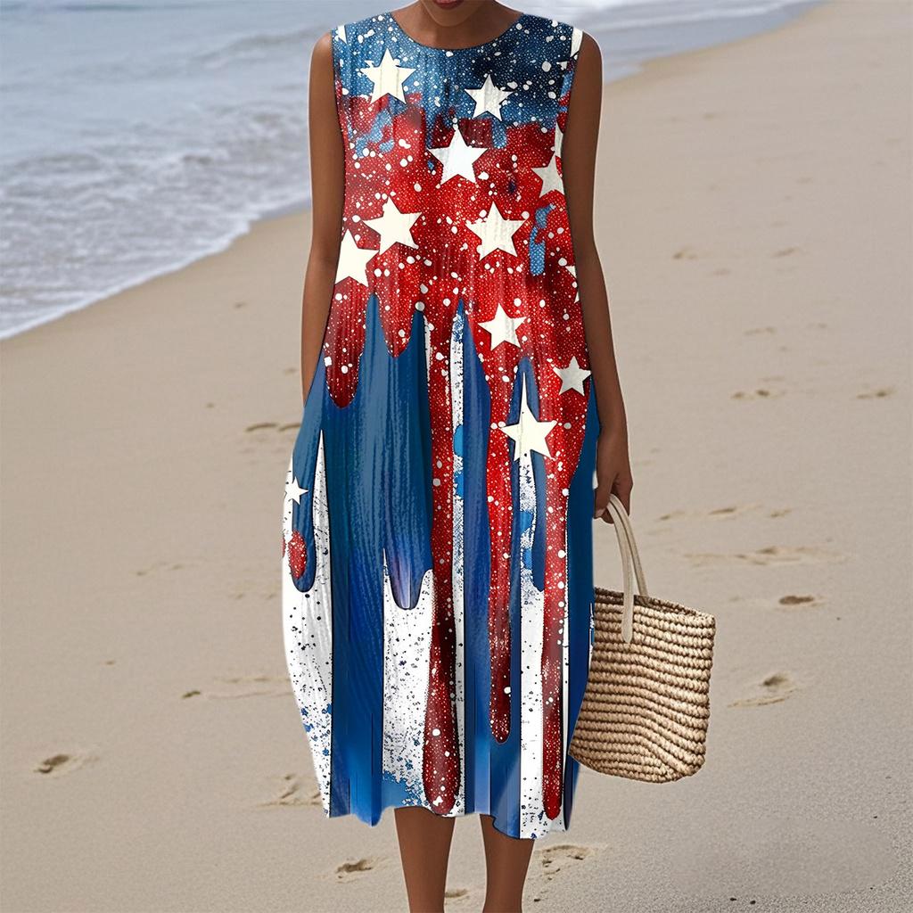 Women's Fashion Casual Sleeveless Round Neck Independence Day Printed Elegant Temperament Dress