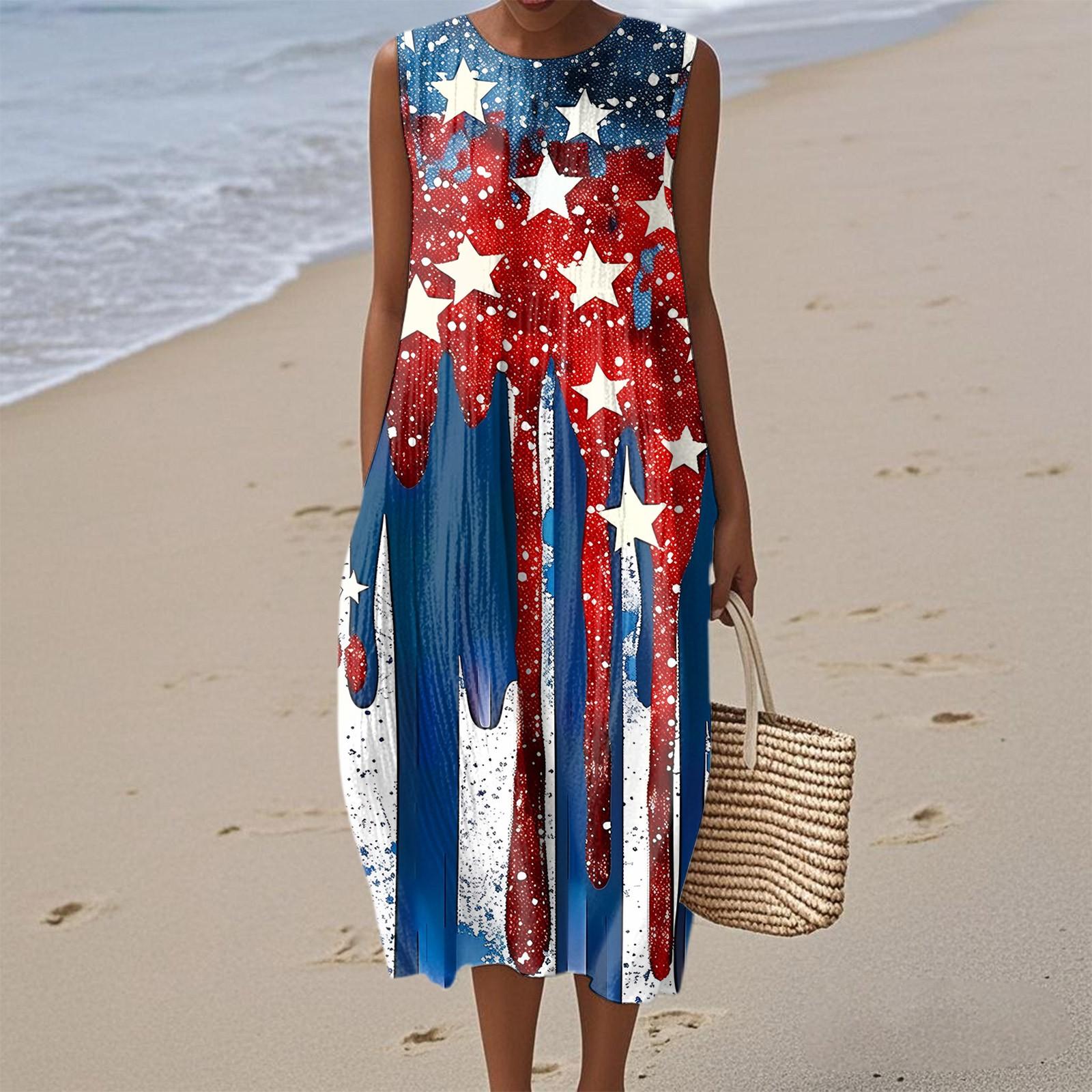 

Жіноча Мода Повсякденна Без рукавів Круглий Виріз День Незалежності Принтоване Елегантна Темпераментна Сукня XXL