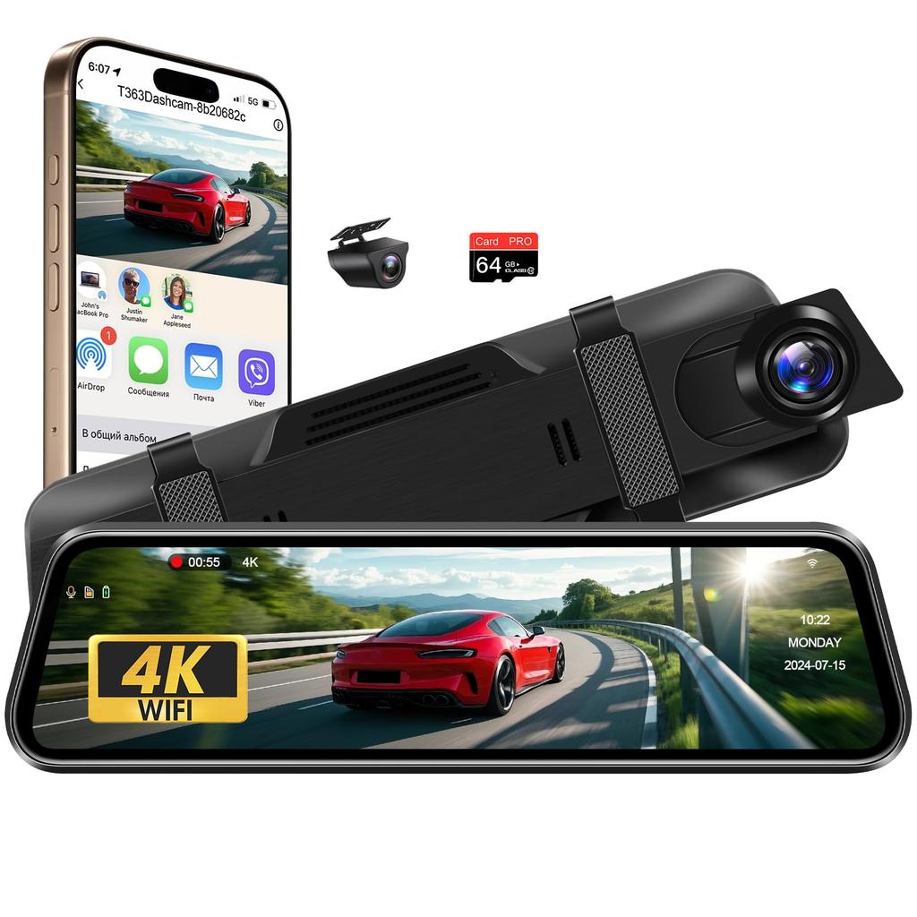Jansite 2025 Advanced Edition Dash Camera, Mirror Type, 4K (WiFi Function + Rear Enhancement),