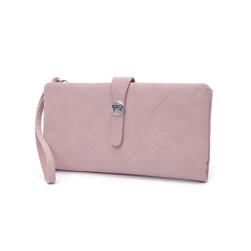 New women's long wallet, two fold, simple buckle solid color multi card handheld phone bag, zipper portable