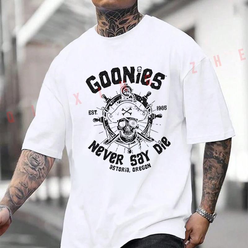 Goonies Never Say Die Retro Offiziell Inspiriert 80er Jahre Film Logo Ikonischer Totenkopf Baumwolle Moto T-Shirt Lässige Kurzarm O-Ausschnitt Oberteile