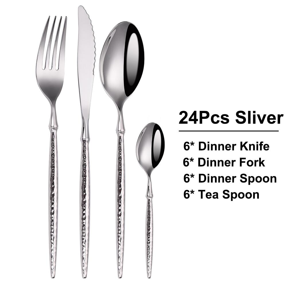 24/30/36Pcs Gold Cutlery Stainless Steel Sliver Tableware Set Hammer Pattern Handle Dinner Set Mirror Western Knife Spoon Fork