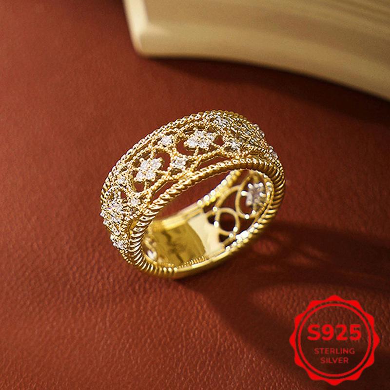 New Light Luxury Women's s925Silver Woven Pattern Plating18k Gold Hollow Ring Vintage Palace-Style Patterned Ring Suitable for Birthday Parties