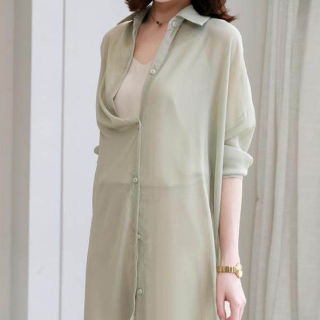 Sunscreen Clothing for Women Summer Thin Chiffon Cardigan with Long Sleeves Draped Over A Shawl Medium Length Shirt Collar Jacket