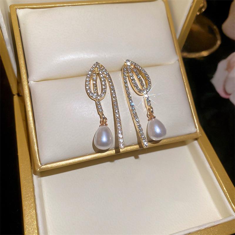 Inlaid Crystal Imitation Pearl Waterdrop Tassel Long Personality Geometry Dangle Earrings for Women Korean Fashion Jewelry