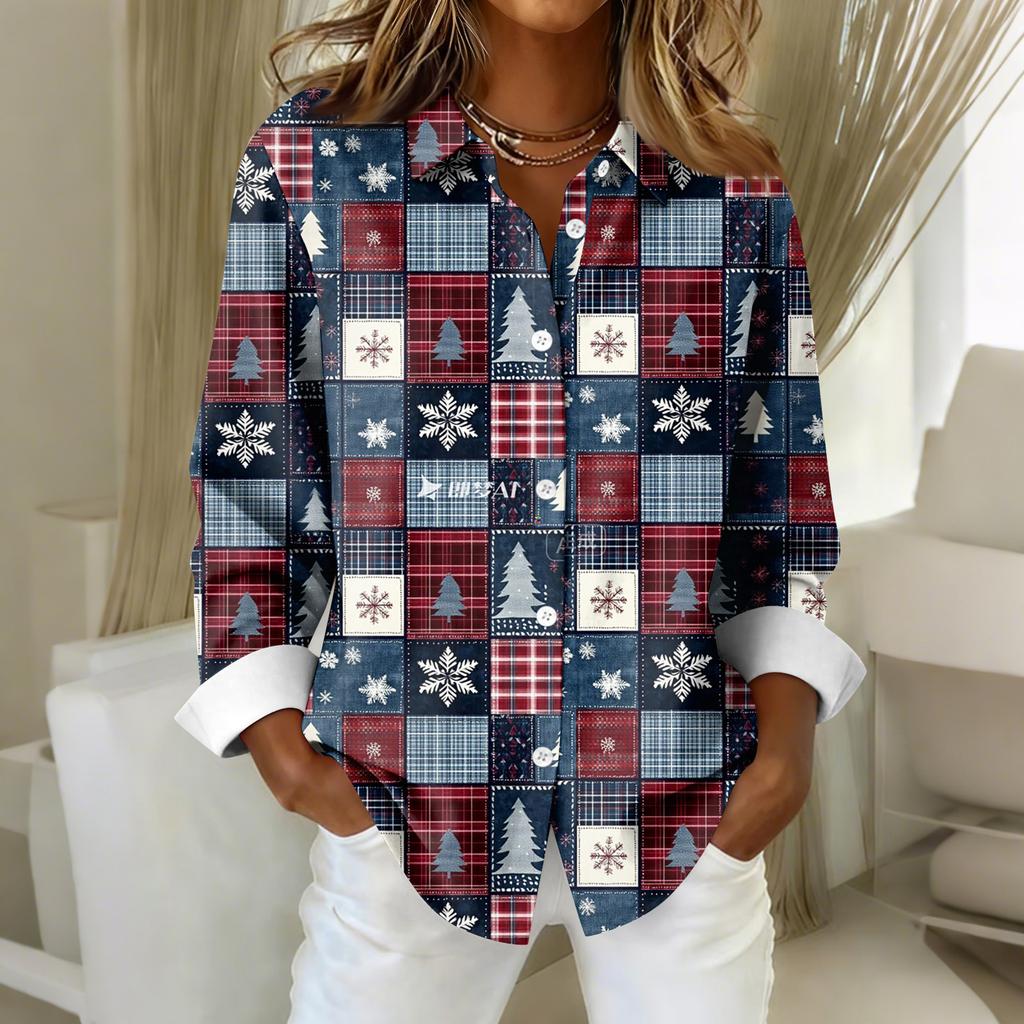 Women's Shirt Blouse Christmas Print Button Long Sleeve Casual Basic Shirt Collar Regular Top
