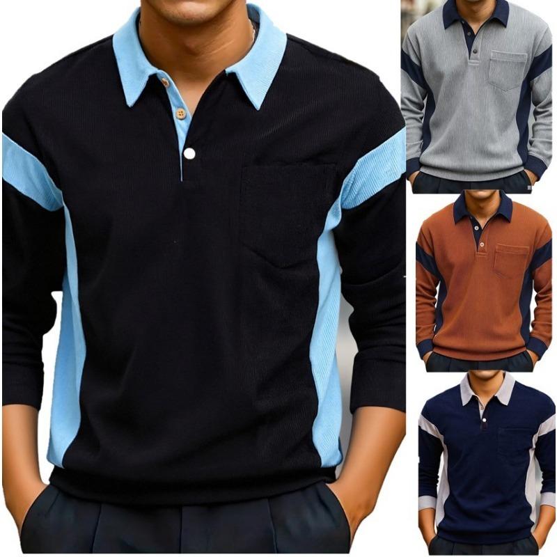 2025 Herbst und Winter Lässige Textur Cordstoff Kontrastierendes Einreihiges Langarm Herren POLO-Shirt