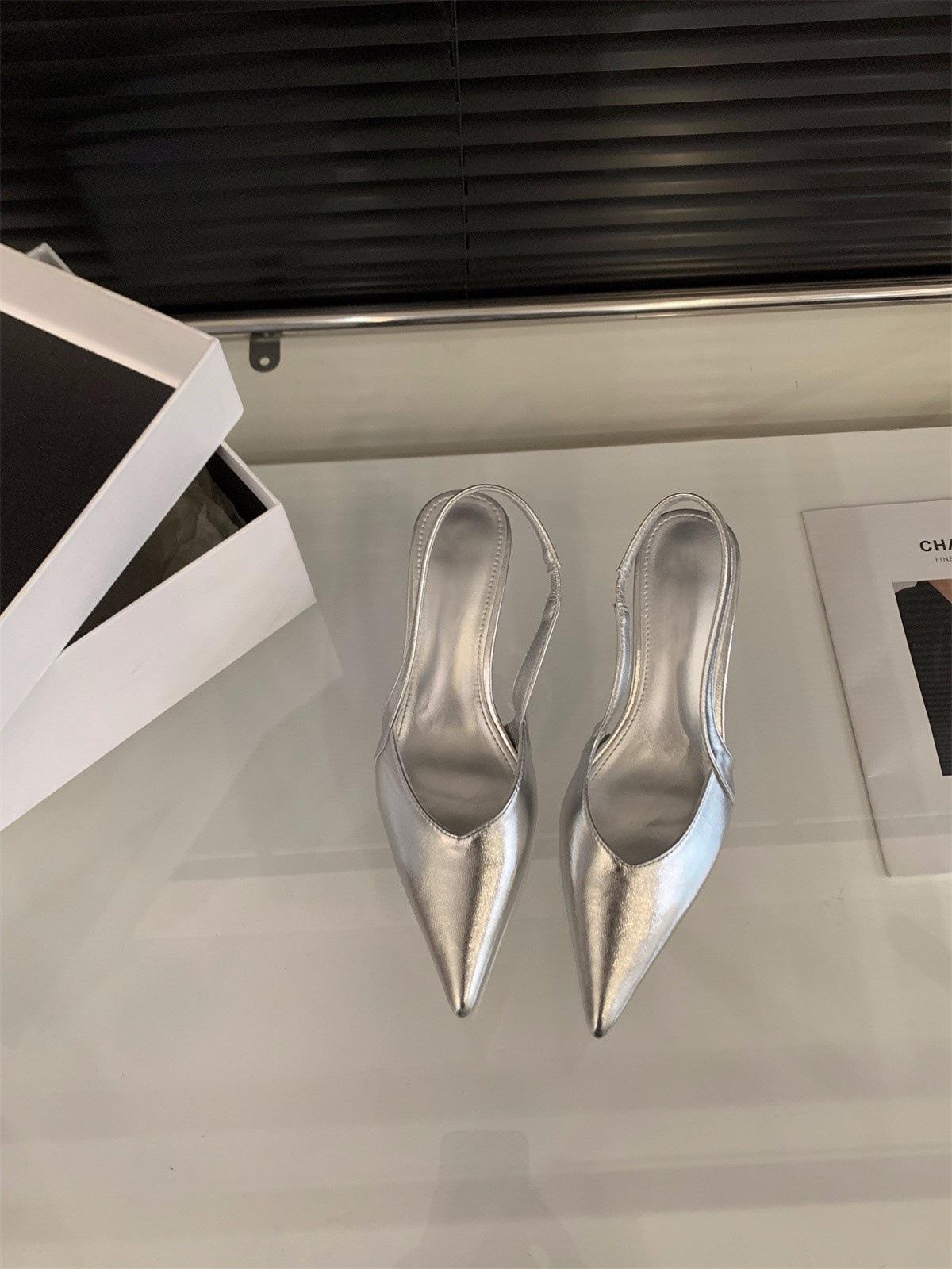 

French stiletto silver high heels bag head sandals fairy shoes 2025 new spring and summer temperament pointed single shoes 40