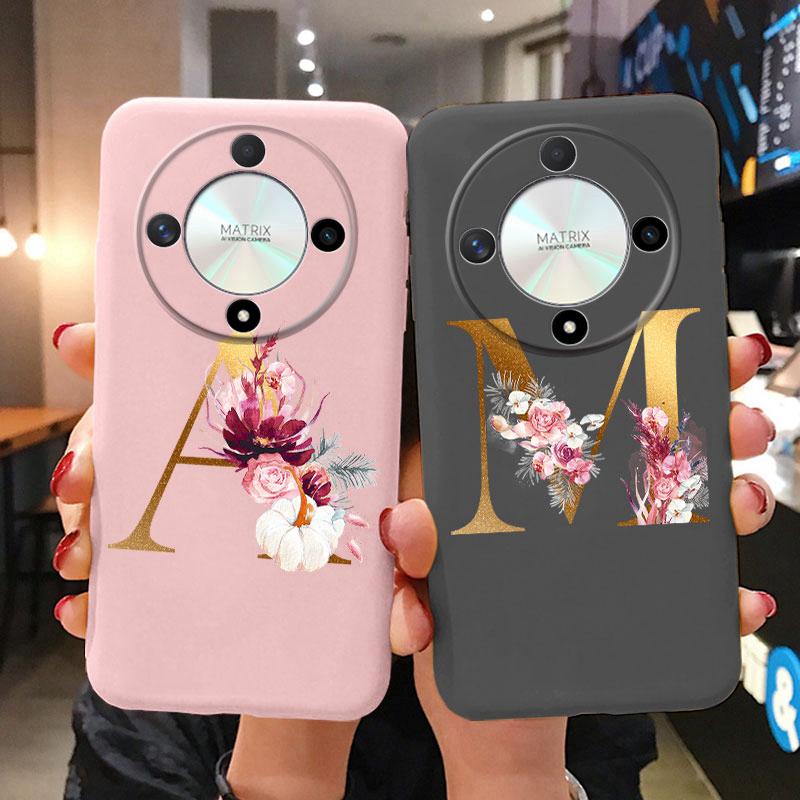 Buchstaben-Handyhülle für Honor X9b X9a Magic5 Lite Magic6 Lite 5G Hülle Retro-Blumen Rosa Schwarz Weiches TPU Initialen Silikon Fundas