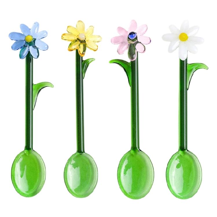 Heat Resistant Transparent Glass Stirring Spoon Artistic Flower Pattern Colored Coffee Stirrer For Hot Drink and Dessert