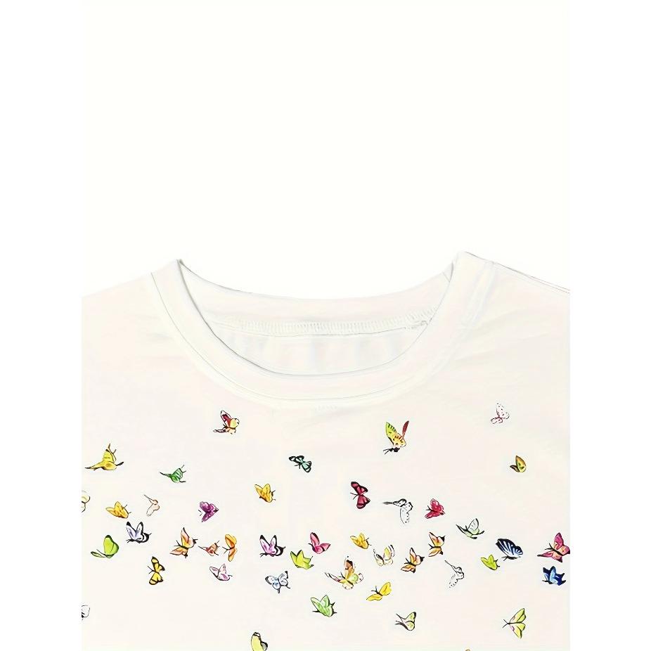 Women's Floral & Butterfly Print Casual T-Shirt - Short Sleeve Round Neck Breathable for All-Season Wear, Ladies T Shirts