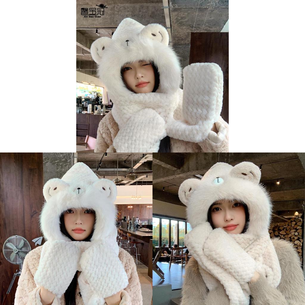 Polyester Winter Knit Hat With Earmuff And Scarf For Girls And Teens