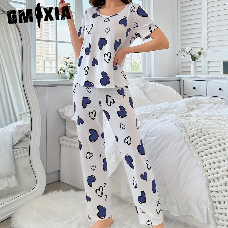 

GMXIA Летний женский костюм с коротким рукавом и длинными брюками, удобный, с принтом Love , повседневный, для дома, пижама XL белый/синий