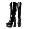 15cm Kette dekorative Plateau Kniehohe Stiefel Lackleder runde Zehen dicke Absätze Punk-Stil erhöhte Trendstiefel